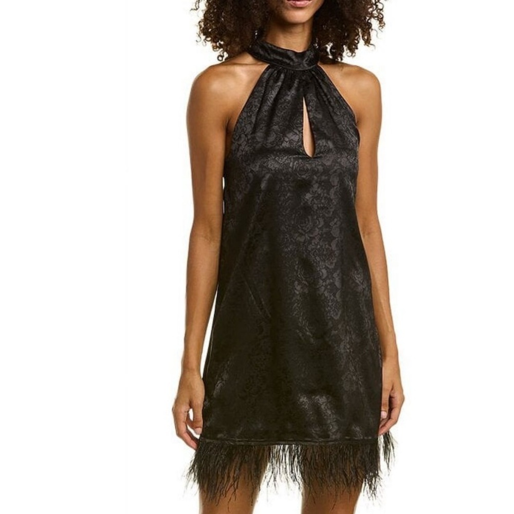 WAYF NWT‎ Black Floral Jacquard Halter Neck Feather Trim Mini Dress Size S,M,L